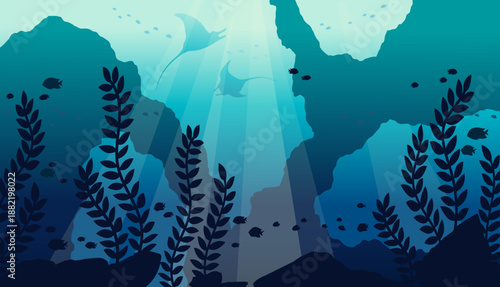 Vector underwater illustration with marine life - cave, mantas, rock, seaweed and fishes. Seascape image. 