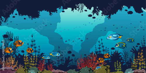Underwater cave with colorful coral reef and fishes. Vector illustration with marine life. Seascape image.