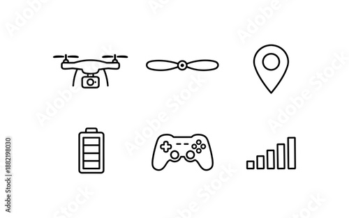 Collection of drone and gaming icons including a drone, propeller, location pin, battery, controller, and signal bars