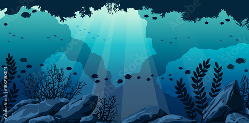 Silhouette of shark and underwater cave