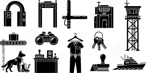 Black silhouette vector icons showcasing airport scanning gate, metal detector archway, handheld scanner, control tower, baggage conveyor, binoculars, uniform, keys, security dog and docking ship