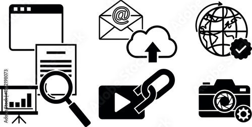 Simple black and white line art icons set showing digital marketing search engine optimization email upload global verified video link and camera settings