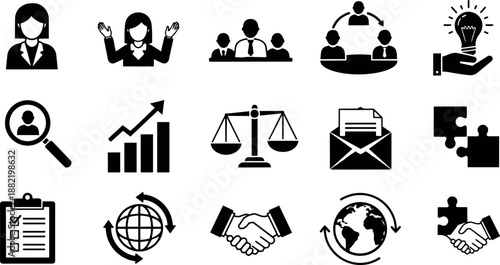 Black and white business icon set with professional woman, team meeting, growth chart, handshake, global network, and idea lightbulb symbols