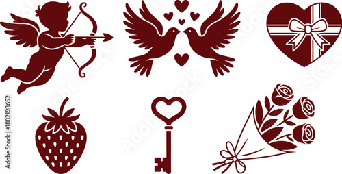 Valentines day icons depicting love cupid doves gifts roses and hearts on transparent background high-quality professional detailed modern elegant stylish