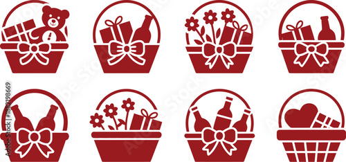 Several red gift baskets with flowers presents bottles and a teddy bear on transparent background high-quality professional detailed modern elegant