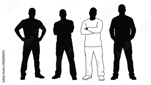 a silhouette illustration depicts four male figures in various poses standing in a row