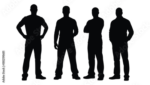 a silhouette depiction of five men standing in a row facing forward with varied poses
