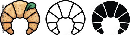 Croissant silhouette & Outline and illustration set isolated on transparent background