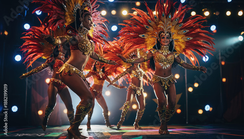 A woman in a gold and red costume dances with other women in a club