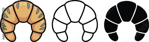 Croissant silhouette & Outline and illustration set isolated on transparent background