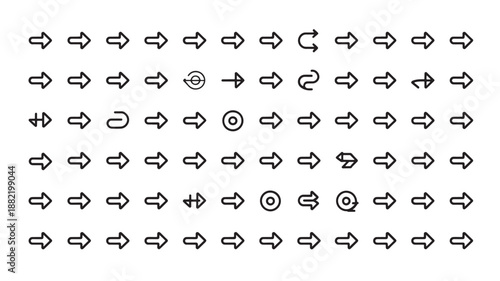 Set of Simple Black Arrows and Icons in Minimalist Style on White Background for Graphic Design