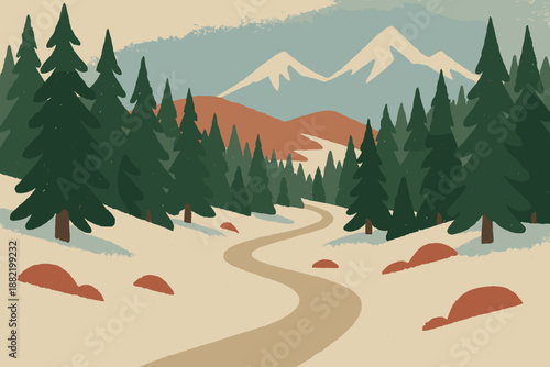 Modern forest geometric winter layout trail icon characters emojis no cohesive any