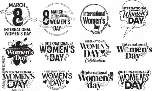 International Women’s Day Typography Vector Set for March 8, Women Empowerment Lettering, Feminist Girl Power Quotes and Logos