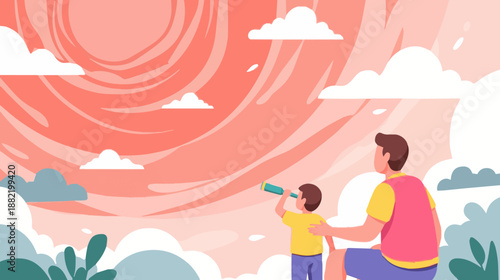 Father and Son Looking Through Telescope at Sunset Sky Illustration, Father's day illustration
