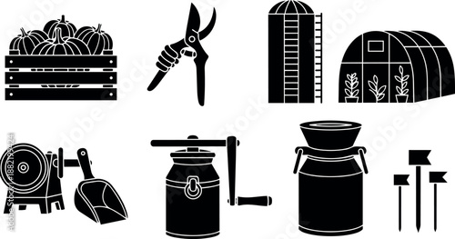 Black silhouette farm tools and produce crate flat design vector art including pruning shears milk cans silo greenhouse and garden markers