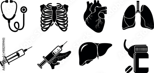 Black silhouette medical equipment and human organs vector icon set including stethoscope syringe ribcage lungs heart liver pancreas and pills