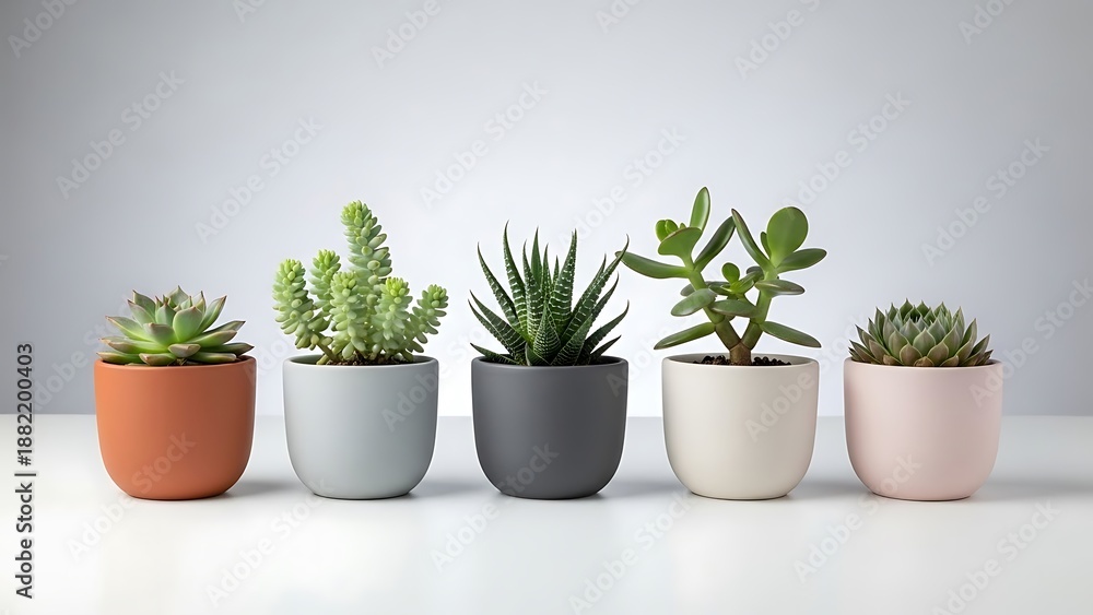Fototapeta premium Five potted succulents of diverse types, lined up against a white backdrop