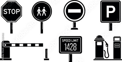 Black and white flat design of traffic signs including stop, pedestrian crossing, no entry, parking, barrier gate, speed limit digital sign, and fuel pump icons