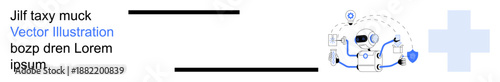 Healthcare innovation, telemedicine, medical services, digital tools, technology solutions, data security. Blue cross icon with medical symbols and secure digital connection. Healthcare innovation
