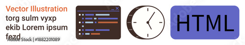 Web development, programming, time tracking, scheduling, software coding, design concepts. A coding interface, clock and HTML text elements. Web development and programming concept