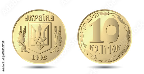 Obverse and reverse of the Ukrainian 10 kopeck coins. Vector illustration.