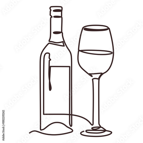 Glass and wine bottle line drawing stroke