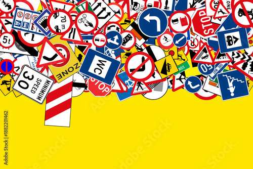 collection of colorful road traffic signs on yellow background