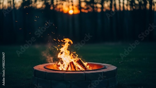 Glowing campfire at dusk with fiery flames, logs, and a brick-lined ring set against dark trees