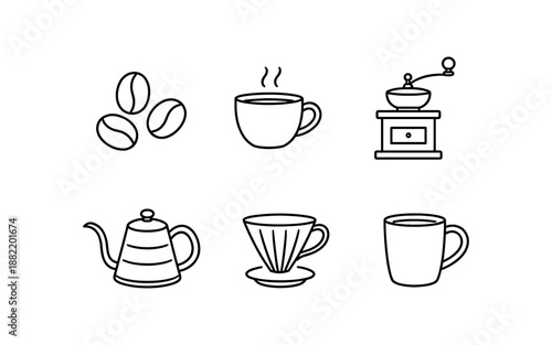 Minimal coffee icon set with beans, cups, grinder, kettle and pour-over dripper in line art