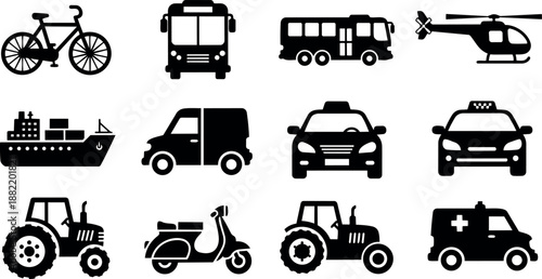 Black silhouette transportation icons including bicycle, bus, helicopter, cargo ship, car, taxi, tractor, scooter, ambulance on white background