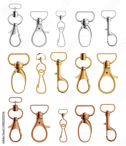 Metal swivel snap hooks in silver, gold, and copper colours. Vector illustration