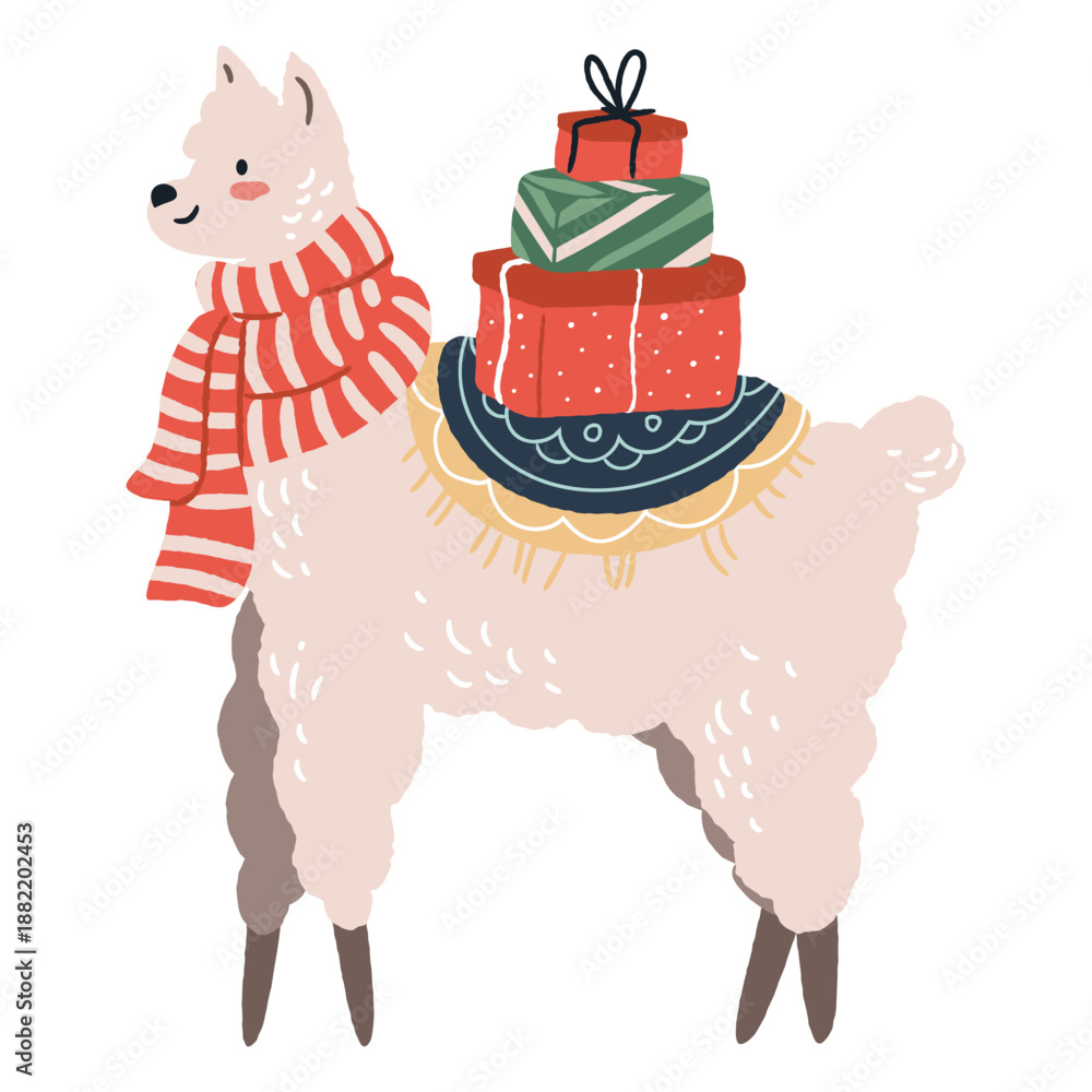 Obraz premium Cute christmas llama with gifts illustration