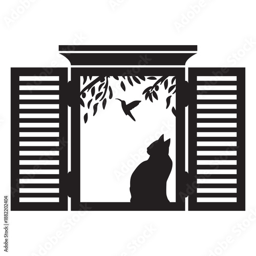 Rectangular open window cat bird scene