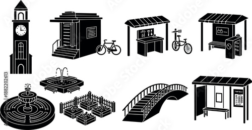 Black silhouette vector icons set of town clock tower, bike repair stand, garden fountain, pedestrian bridge, bus stop shelter, community garden plots and bike racks