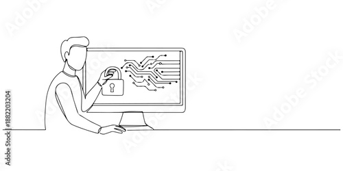 A continuous single line drawing of a person locking a computer screen, symbolizing cybersecurity issues in the world of technology, line art style vector illustration.