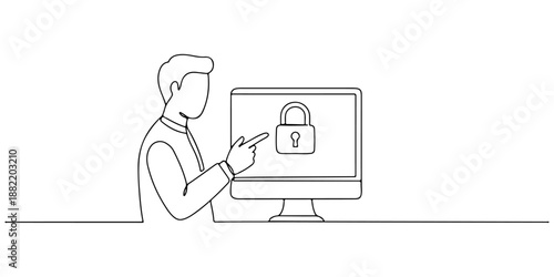 A continuous single line drawing of a person locking a computer screen, symbolizing cybersecurity issues in the world of technology, line art style vector illustration.