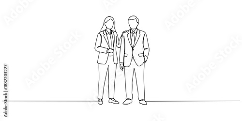 Continuous one line drawing of two well-dressed business people, symbolizing social mobility and economic inequality, line art style vector illustration.