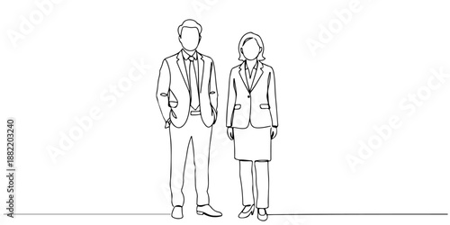 Continuous one line drawing of two well-dressed business people, symbolizing social mobility and economic inequality, line art style vector illustration.