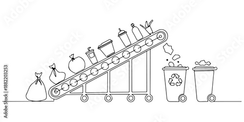 A continuous single line drawing of waste being sorted and recycled, symbolizing technological innovation in waste management, line art style vector illustration.