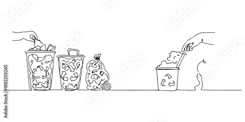A continuous single line drawing of waste being sorted and recycled, symbolizing technological innovation in waste management, line art style vector illustration.