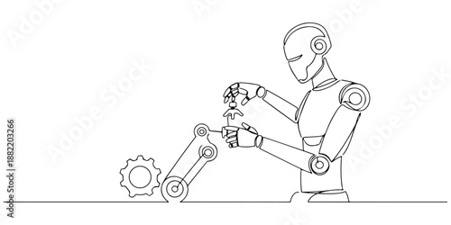 A continuous single line drawing of a robot assembling components, symbolizing the skills needed in the age of automation, line art style vector illustration.