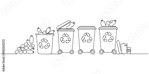 A continuous single line drawing of waste being sorted and recycled, symbolizing technological innovation in waste management, line art style vector illustration.