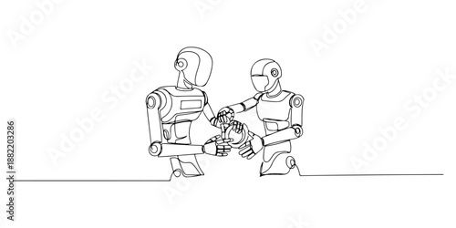 A continuous single line drawing of a robot assembling components, symbolizing the skills needed in the age of automation, line art style vector illustration.