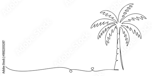 Continuous one line drawing of a palm tree with gracefully curved leaves, representing tropical nature and relaxation. Line art style vector illustration.