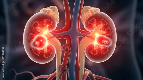 Illustration displaying healthy kidneys with detailed vasculature against a blurry background
