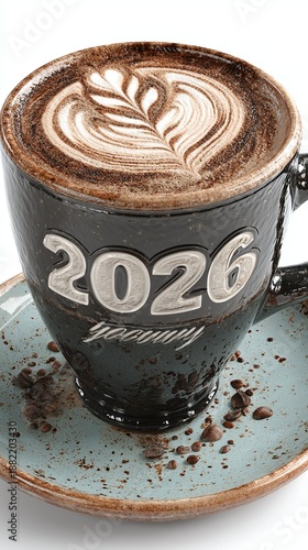 Modern coffee cup with 2026 design and latte art on saucer