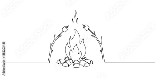 Continuous one line drawing of campfire marshmallows roasting over a fire, symbolizing warmth and relaxation, line art style vector illustration.