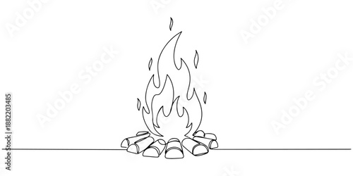 Continuous one line drawing of campfire, symbolizing warmth and relaxation, line art style vector illustration.