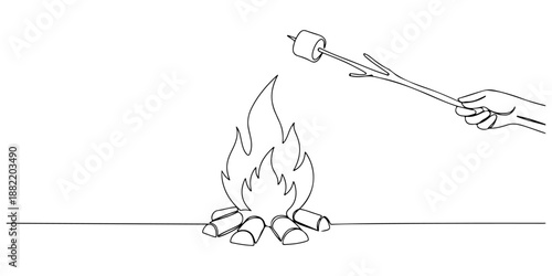 Continuous one line drawing of campfire marshmallows roasting over a fire, symbolizing warmth and relaxation, line art style vector illustration.