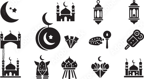 Versatile Islamic Icon Collection Featuring Mosque Silhouettes, Ramadan Lanterns, and Traditional Festive Treats